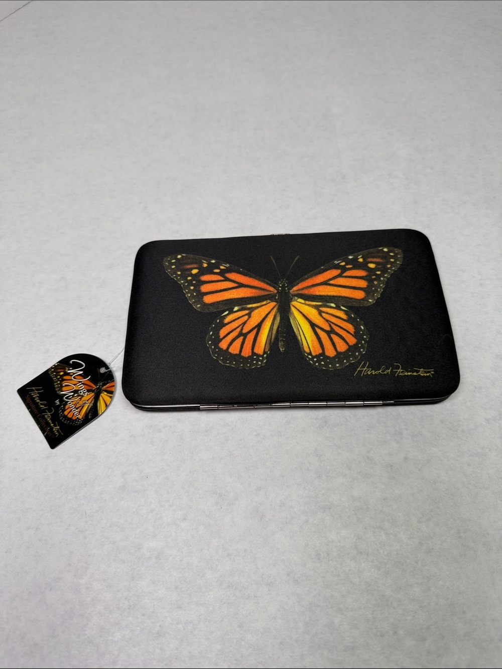 NWT Monarch Butterfly Print Harold Feinstein Designer Clasp Purse Wallet Bag